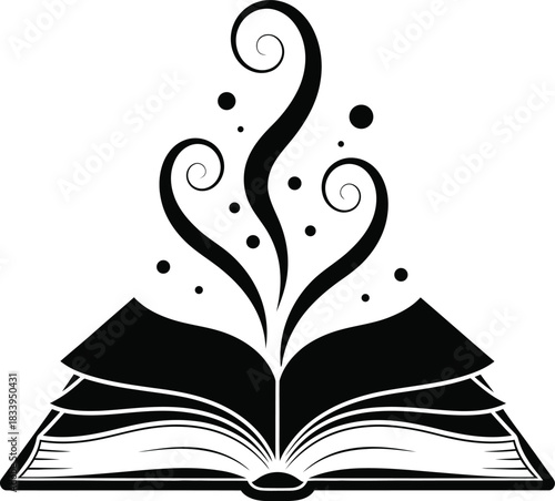 Magical open book emitting swirling fantasy elements, a clean black silhouette, minimalist vector illustration, solid fill, high contrast, symbolizing knowledge, imagination, and storytelling power