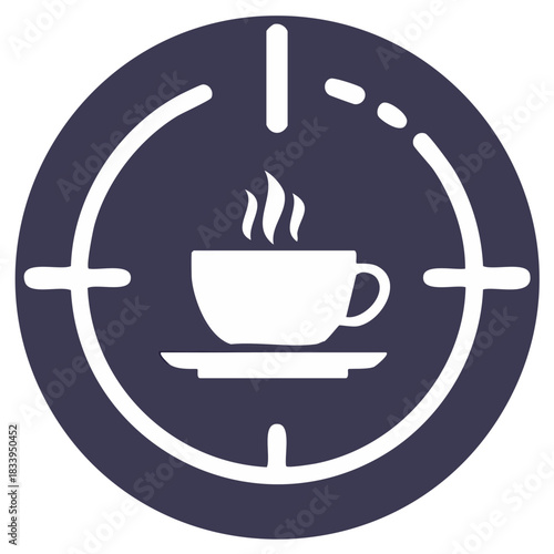 Minimalist Steaming Hot Coffee Cup Icon within a Circular Clock Time Symbol