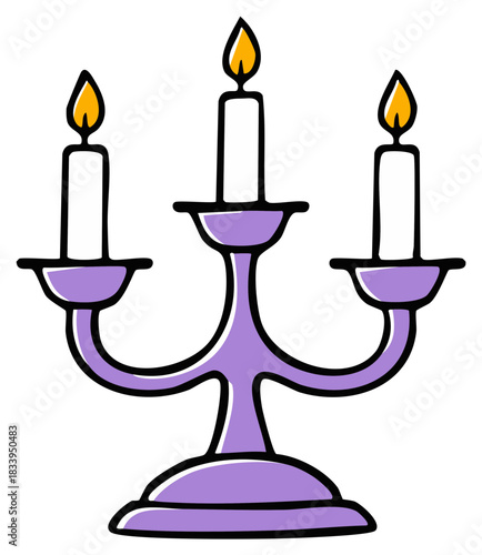 Elegant purple candelabra with three burning candles classic vector illustration