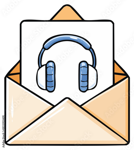 Cartoon headphones in an open mail envelope symbolizing audio message delivery