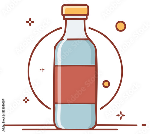 Illustration of a bottle with liquid, orange cap and label, artistic design element