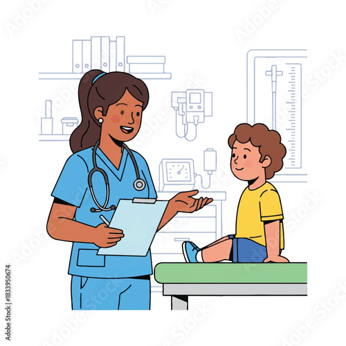 A female nurse in blue scrubs talks to a young boy sitting on an examination table in a medical office with a white background and blue medical equipment illustrations.