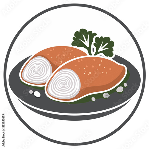 Illustration of fish fillets with sauce and garnish on a plate inside a circle