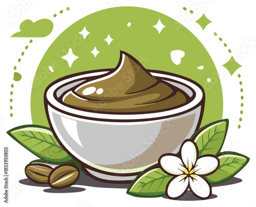 Natural cosmetic cream in a bowl with botanical leaves coffee beans and a fragrant white flower icon