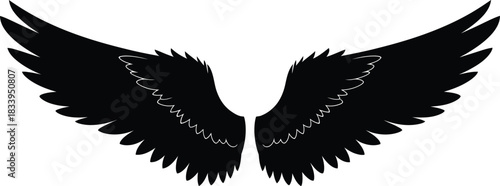 Stylized pair of majestic black wings, a minimalist vector silhouette illustration with intricate feather details, isolated on a clean white background, embodying flight, power, and freedom