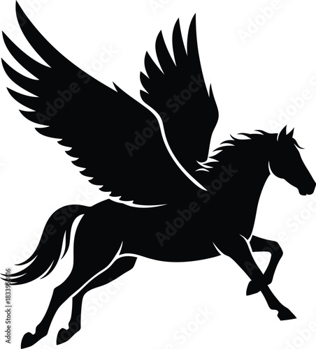 Elegant black silhouette of a majestic winged horse, a minimalist vector illustration of a powerful Pegasus in dynamic flight, with solid black fill on a clean white background