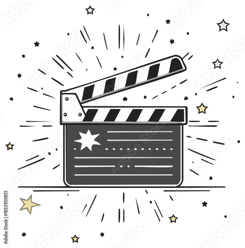Dynamic film clapperboard illustration surrounded by stars and radiating lines for cinematic entertainment