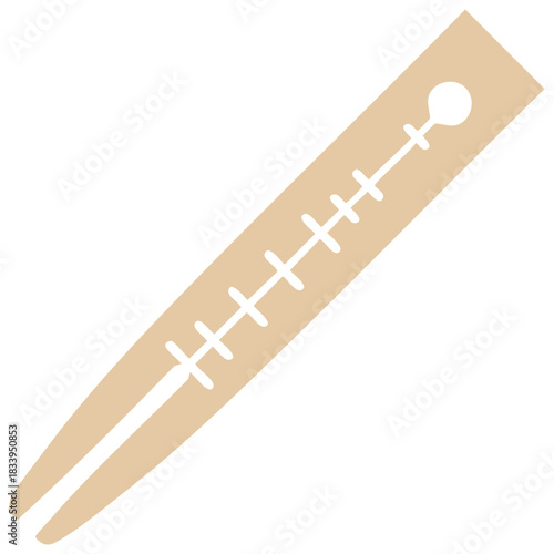 Tan wooden yarn guide weaving tool with measuring increments and center slit for yarn.