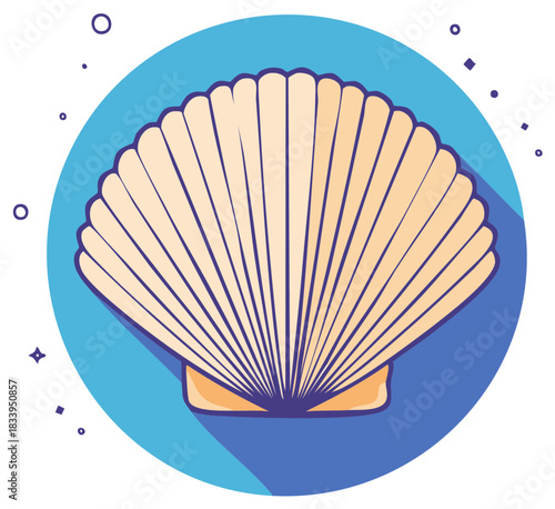 Isolated Cream-Colored Scallop Shell with Light Blue Background and Dark Blue Shadow