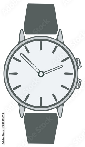 Grayscale vector illustration of a minimalist analog wristwatch with a simple clock face