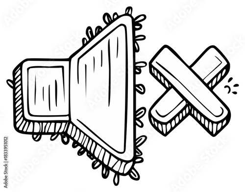 Hand-drawn doodle speaker with sound off illustration on white background