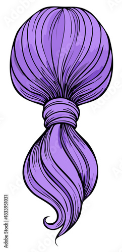 Stylized Purple Hair Ponytail Isolated on White Beauty Fashion Illustration