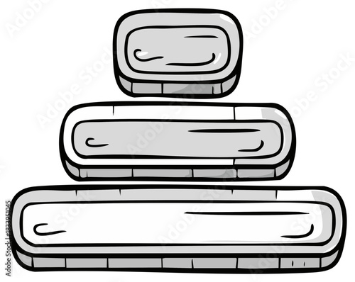 Stacked containers vector drawing of three shapes in rectangular and oval shapes tiered with gray fill