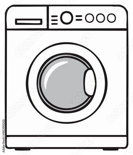 Simple black and white line art illustration of a front loading washing machine