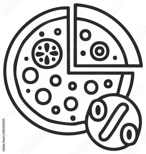 Outline Pizza with Slices and Discount Symbol, Food Offer Deal Icon