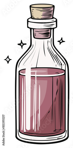 Hand-drawn magic potion bottle illustration with shimmering purple liquid and a cork.