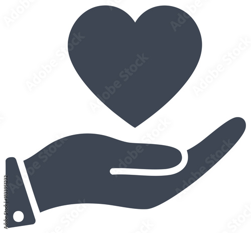 Simple flat icon of a hand offering a heart symbol for charity, donation, and healthcare concepts.