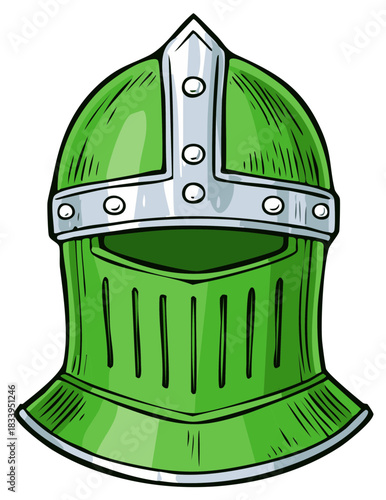 Illustration of a Green Knight Helmet with Metallic Accents and Details
