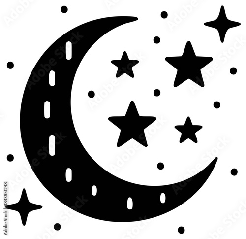 Crescent Moon and Stars in Black Silhouette Shining in Night Sky, Celestial Icon