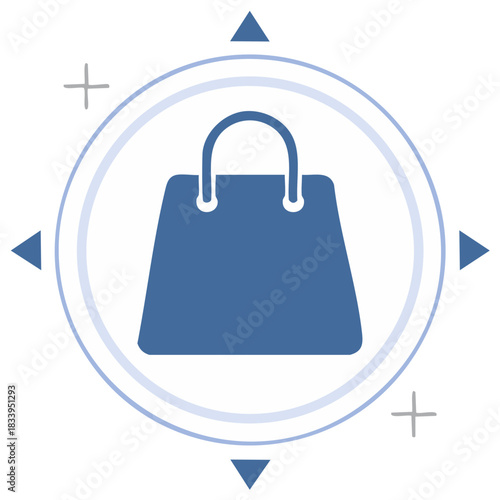 Blue shopping bag icon inside a round compass design on a white background