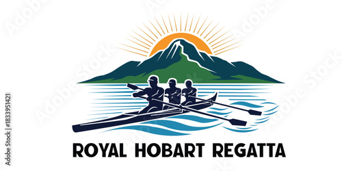 Royal Hobart Regatta Rowing Illustration with Mountain and Sunrise