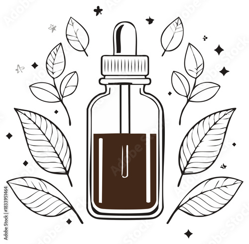Serum Bottle with Leaves and Stars, Line Art, Herbal Medicine, Organic Product, Spa Treatment, Cosmetic Oil, Isolated