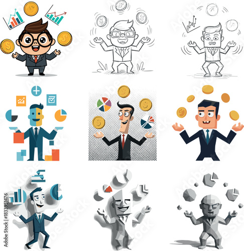 Set of Nine Businessman Characters Juggling Finance, Data Charts, and Gold Coins Illustration
