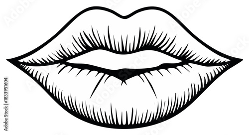 Black and white line art illustration of female lips in a vintage comic book style