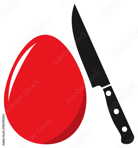 Stylized Red Egg and Sharp Black Kitchen Knife Symbolizing Food Preparation or Potential Conflict