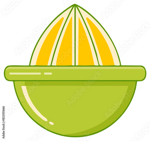 Vibrant Green Citrus Juicer Pressing a Fresh Orange Slice Still Life Illustration