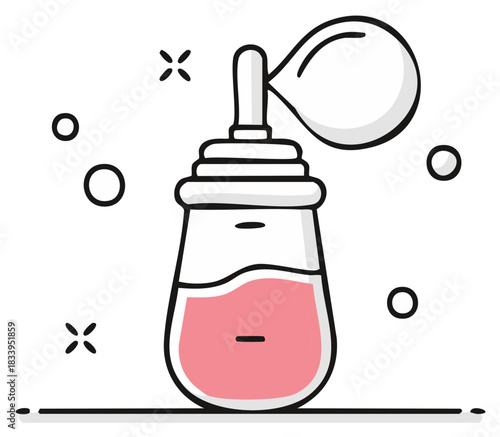 Vintage perfume bottle with atomiser spray and pink liquid emitting sparkling effects