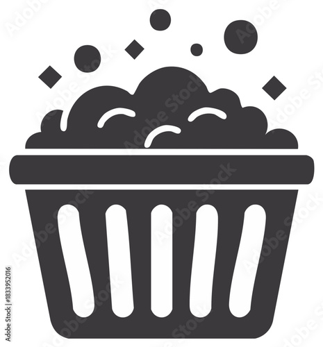 Graphic icon of laundry basket full of suds and sparkling bubbles for cleaning concept