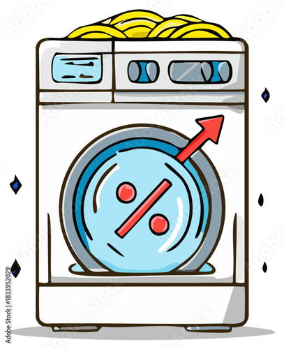 Money Laundering Financial Gain Cartoon Washing Machine with Rising Percent Symbol