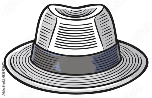 Illustrated fedora hat in gray color with black outline, vintage classic style
