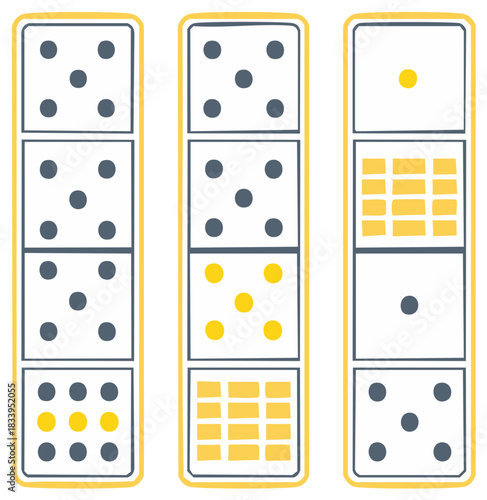 Three vertical domino tiles showing dots and squares in gray and yellow against a white background