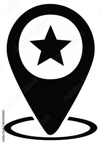 Black and white location pin symbol with a star inside on white background, showing a destination point.