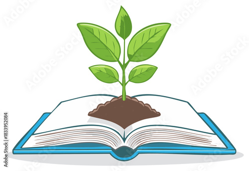 Green plant growing from soil on open book symbolizing knowledge growth and learning