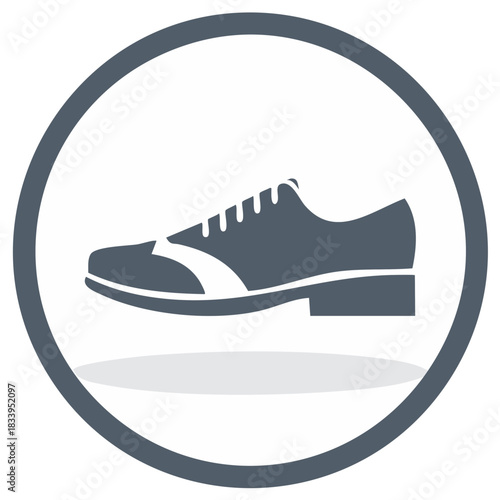 Stylized shoe silhouette in a circle frame design with a shadow, simple modern illustration.