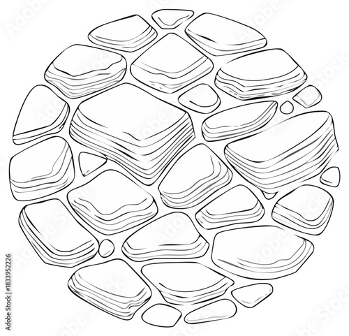 Stone mosaic design element, black and white image of pebbles in a circular pattern