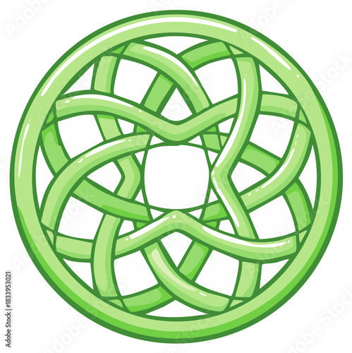 Green circular Celtic knot with an interwoven star pattern cartoon illustration