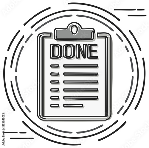 Hand drawn clipboard icon with completed to do list and the word done
