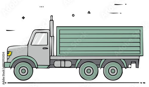 Side profile vector illustration of a large industrial dump truck in motion with a hand drawn cartoon style