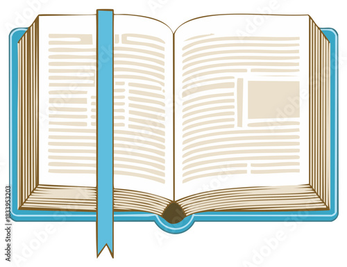 Vector illustration of an open story book with a blue cover and bookmark