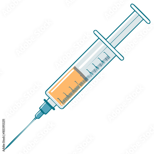 An isolated vector illustration of a syringe filled with orange medicine for medical treatment.