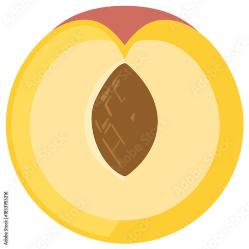 Sliced peach illustration shows pit, fruit flesh and skin in shades of pink and yellow