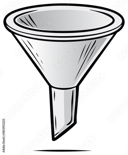 Simple cartoon illustration of a gray funnel with a black outline, isolated on white.