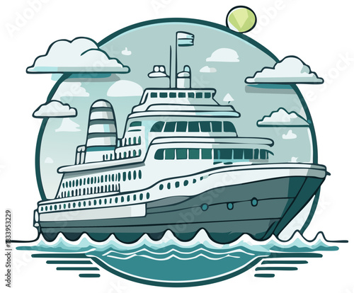 Modern passenger ship sailing on the sea with clouds and sun in a circular frame