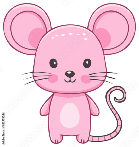 Pink cartoon mouse illustration with big ears and curly tail