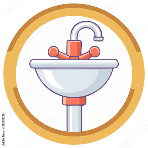 White Bathroom Sink Basin with Faucet Icon in a Gold Ring, Plumbing Fixture Symbol