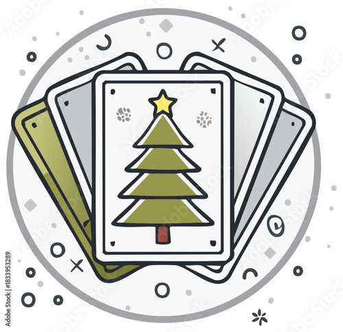 Christmas tree on playing card with decorative elements.